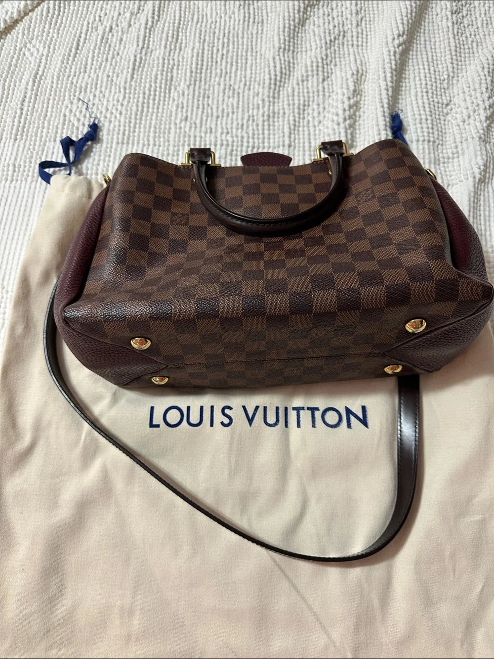 Louis Vuitton Damier Ebene Satchel with Dark Brown and Burgundy Trim